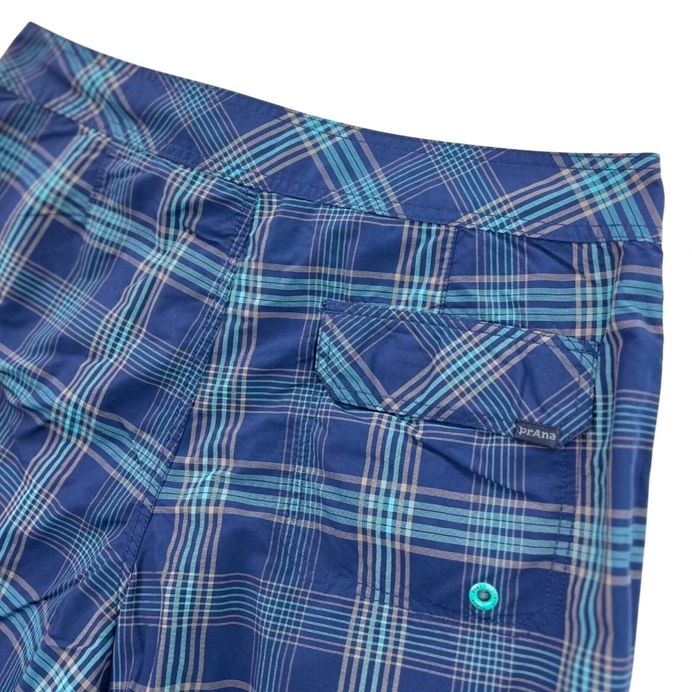 PrAna Swim Trunks Board Shorts‎ Men 34 Blue Teal Plaid Hike UPF 50+ Unlined   9